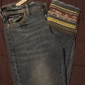 Anthropologie Blue Ankle Cropped Jeans with Bohemian Trim